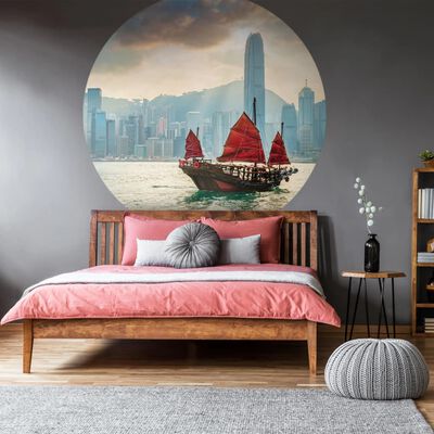 WallArt Papel pintado de pared redondo Skyline with Junk Boat 190 cm