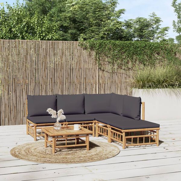 vidaXL Set de muebles de jard&iacute;n 6 piezas bamb&uacute; con cojines gris oscuro
