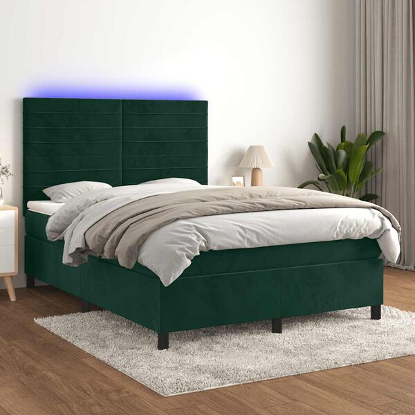 vidaXL Cama box spring colch&oacute;n y LED terciopelo verde oscuro 140x200cm