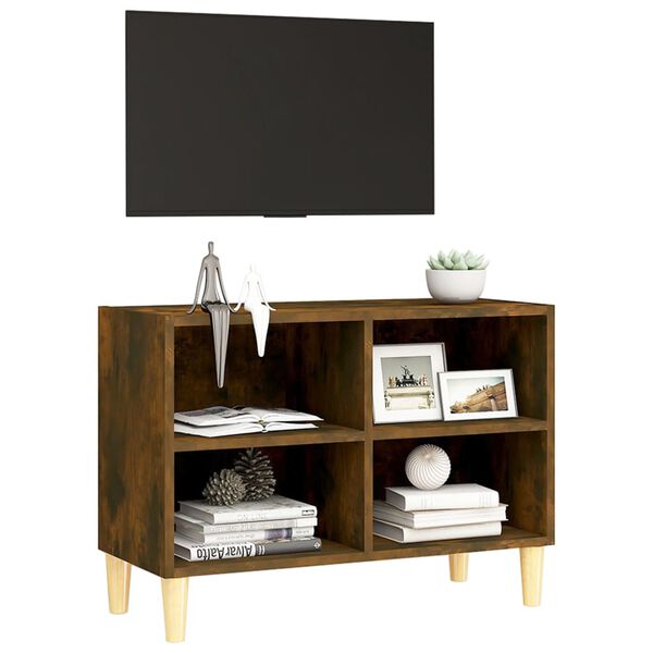 vidaXL Mueble de TV patas de madera maciza roble ahumado 69,5x30x50 cm