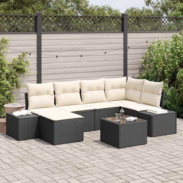 vidaXL Conjunto de sofá de jardín 7 pcs Negro y crema Poliratán