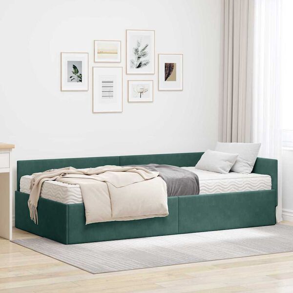 vidaXL Estructura de Cama Esquina con Colch&oacute;n 2 pcs Verde Terciopelo