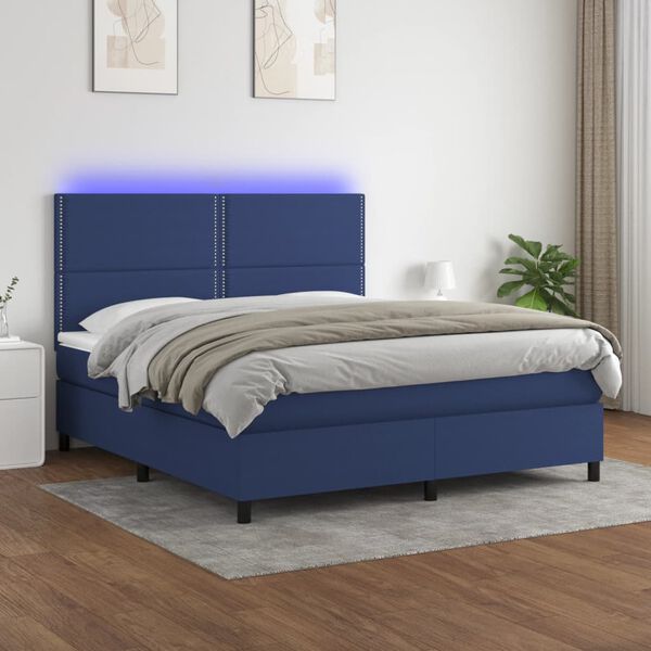 vidaXL Cama box spring colch&oacute;n y luces LED tela azul 180x200 cm