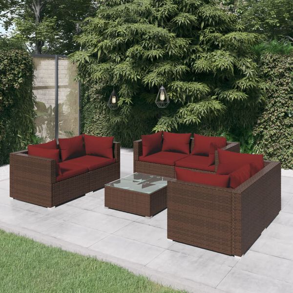 vidaXL Set muebles de jard&iacute;n 7 piezas y cojines rat&aacute;n sint&eacute;tico marr&oacute;n