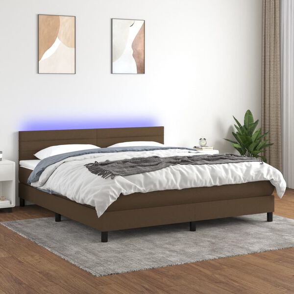 vidaXL Cama box spring colch&oacute;n luces LED tela marr&oacute;n oscuro 180x200cm