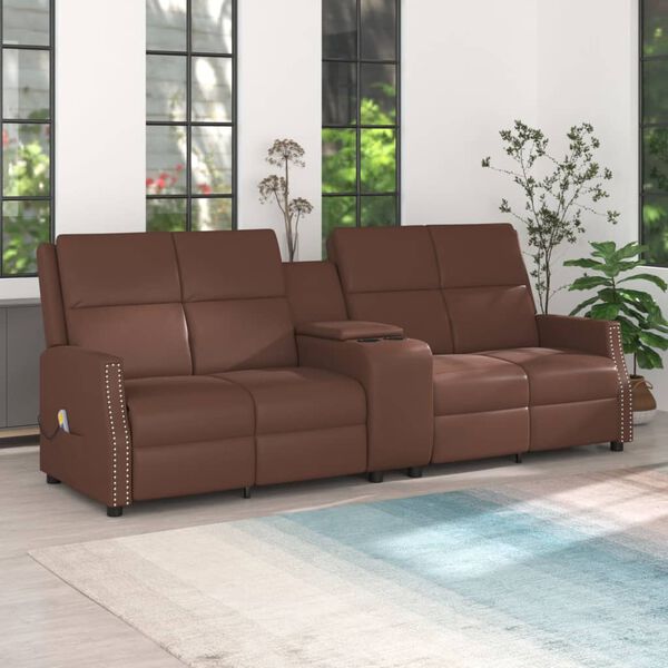 vidaXL Sillón reclinable masaje 4 plazas y portavasos cuero PE marrón