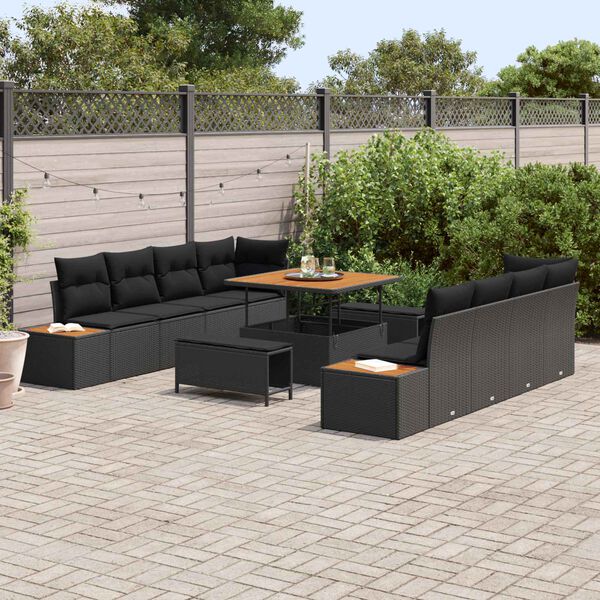 vidaXL Conjunto de sof&aacute;s de jard&iacute;n con coj&iacute;n 11 pcs Negro Polirat&aacute;n