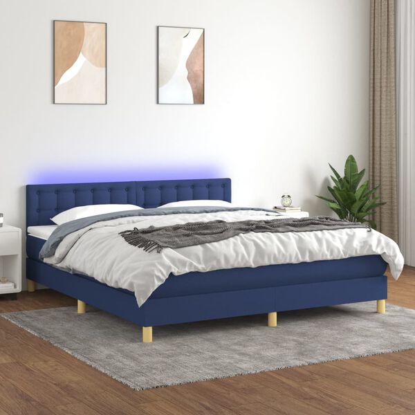 vidaXL Cama box spring con colch&oacute;n y LED tela azul 180x200 cm
