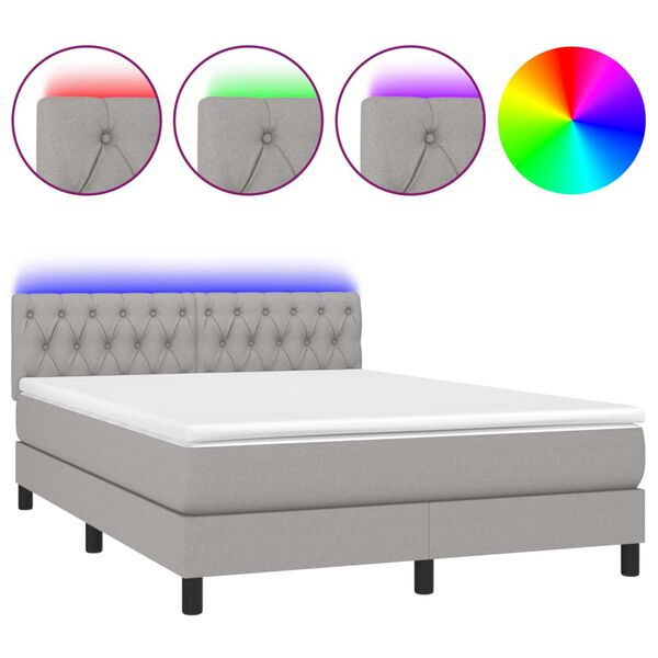 vidaXL Cama box spring colch&oacute;n y luces LED tela gris claro 140x190 cm