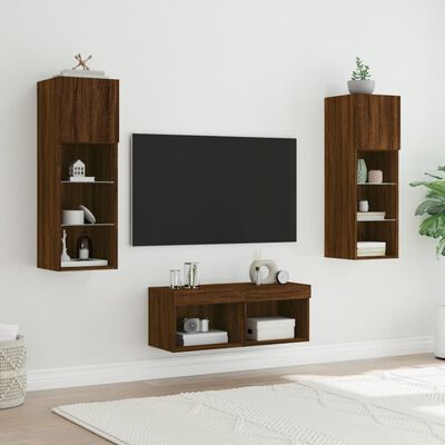vidaXL Muebles de TV de pared con luces LED 4 piezas marrón roble