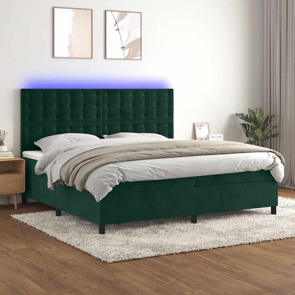 vidaXL Cama box spring colch&oacute;n y LED terciopelo verde oscuro 200x200cm
