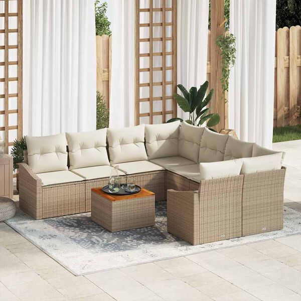 vidaXL Conjunto de sof&aacute;s de jard&iacute;n 9 pcs Beige y Crema rat&aacute;n sint&eacute;tico
