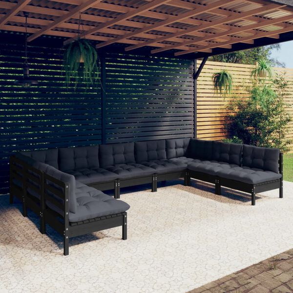 vidaXL Muebles de jard&iacute;n 9 pzas y cojines negro madera maciza de pino