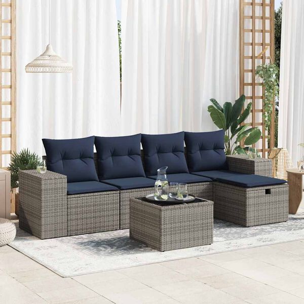 vidaXL Set de muebles de jard&iacute;n 6 pzas y cojines rat&aacute;n sint&eacute;tico gris