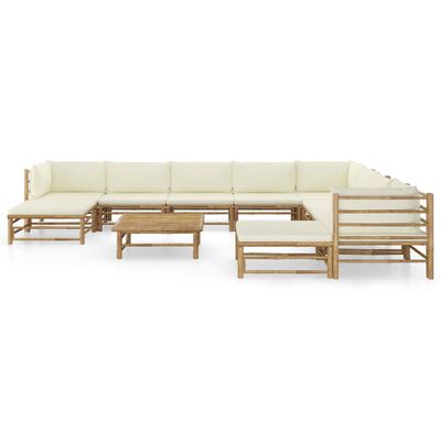 vidaXL Set de muebles de jardín 11 piezas bambú y cojines blanco crema