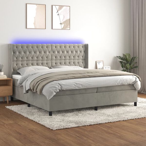 vidaXL Cama box spring colch&oacute;n y LED terciopelo gris claro 200x200 cm