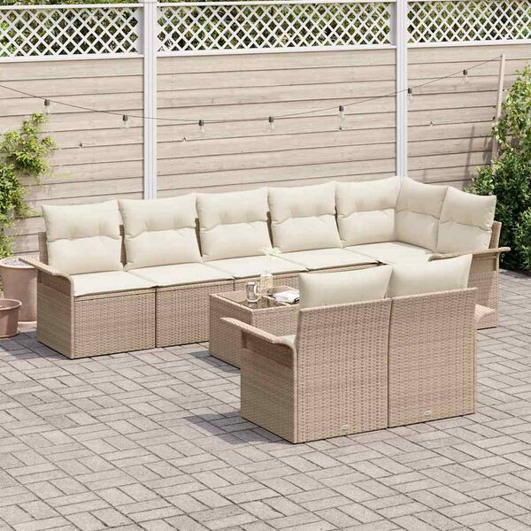 vidaXL Conjunto de sof&aacute; de jard&iacute;n con coj&iacute;n 9 pcs Beige Polirat&aacute;n