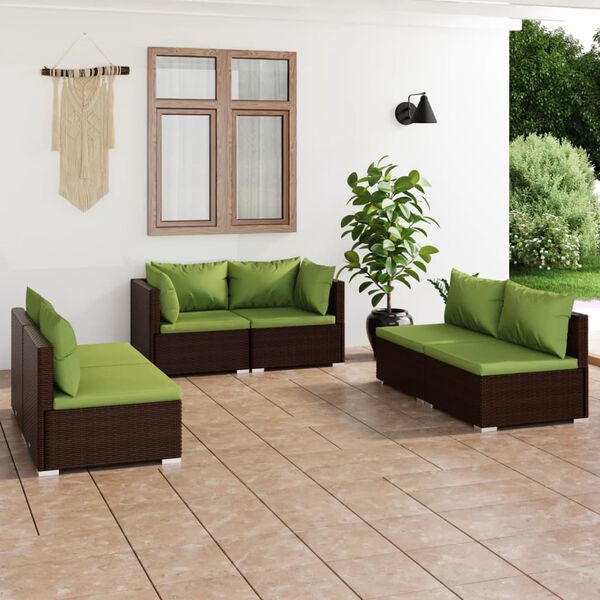 vidaXL Set muebles de jard&iacute;n 6 piezas y cojines rat&aacute;n sint&eacute;tico marr&oacute;n