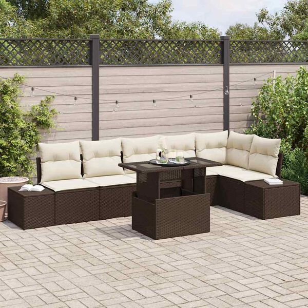 vidaXL Conjunto de sof&aacute; de jard&iacute;n 7 pcs Marr&oacute;n Polirat&aacute;n