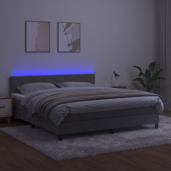 vidaXL Cama box spring colch&oacute;n y LED terciopelo gris claro 180x200 cm