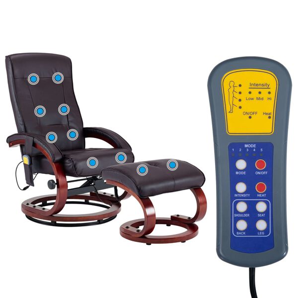 vidaXL Silla de masaje reclinable y reposapi&eacute;s cuero sint&eacute;tico marr&oacute;n