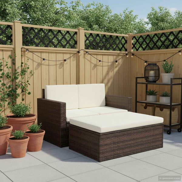 vidaXL Set muebles de jard&iacute;n 2 piezas y cojines rat&aacute;n sint&eacute;tico marr&oacute;n