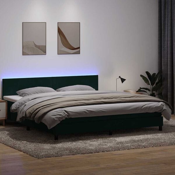 vidaXL Cama box spring con colch&oacute;n y LED terciopelo verde oscuro 180x220 cm
