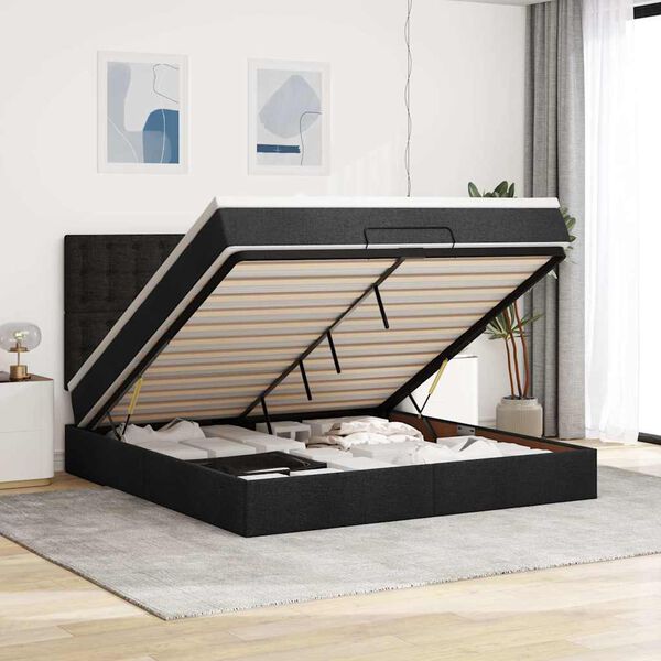 vidaXL Estructura de cama otomana con colch&oacute;n tela negra 160x200 cm