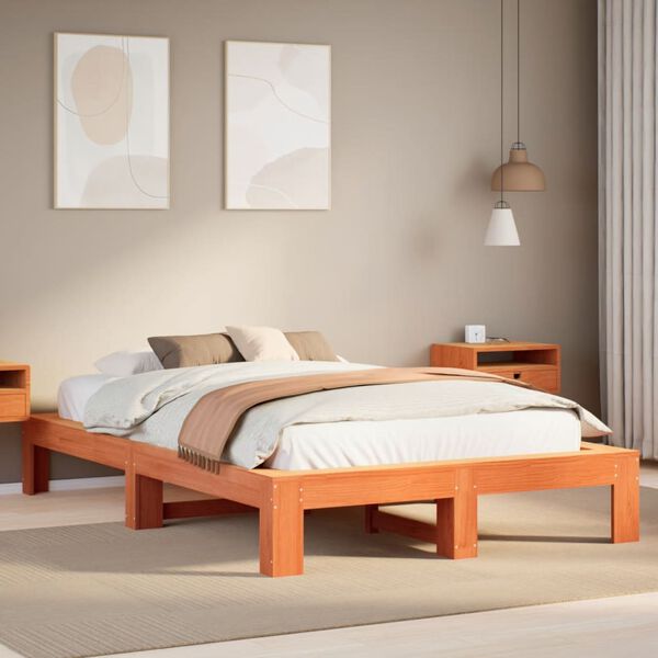vidaXL Estructura de cama sin colch&oacute;n madera maciza marr&oacute;n 135x190 cm
