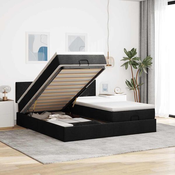 vidaXL Estructura de cama otomana con colchones tela negra 200x200cm