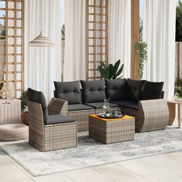 vidaXL Set de muebles de jard&iacute;n 6 pzas y cojines rat&aacute;n sint&eacute;tico gris