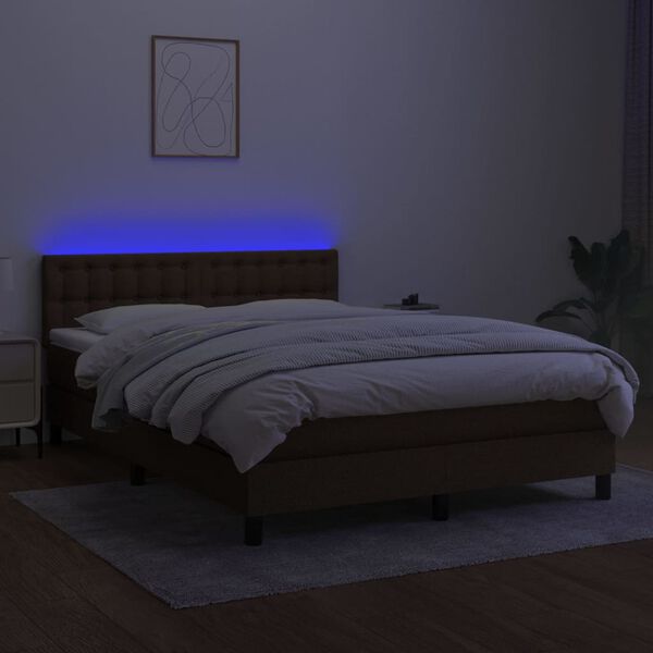 vidaXL Cama box spring colch&oacute;n luces LED tela marr&oacute;n oscuro 140x190 cm
