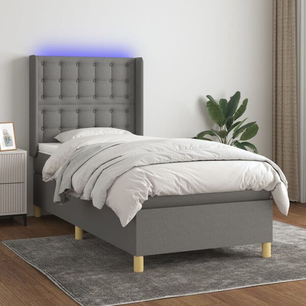 vidaXL Cama box spring colch&oacute;n y luces LED tela gris oscuro 90x190 cm