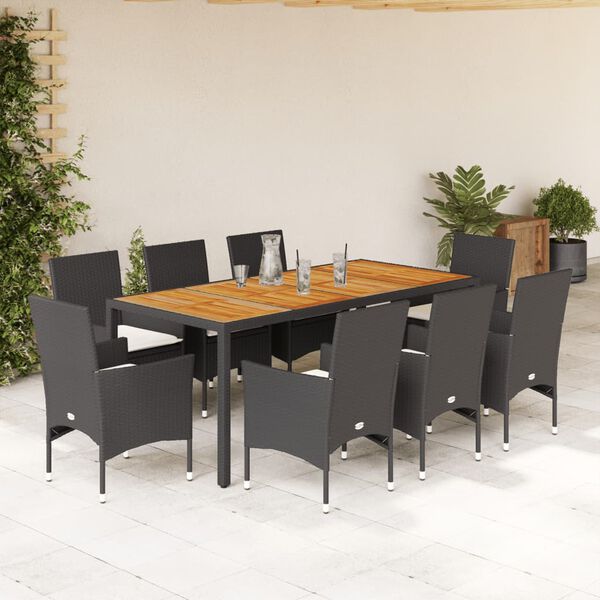 vidaXL Set de comedor jard&iacute;n 9 pzas con cojines rat&aacute;n PE acacia negro
