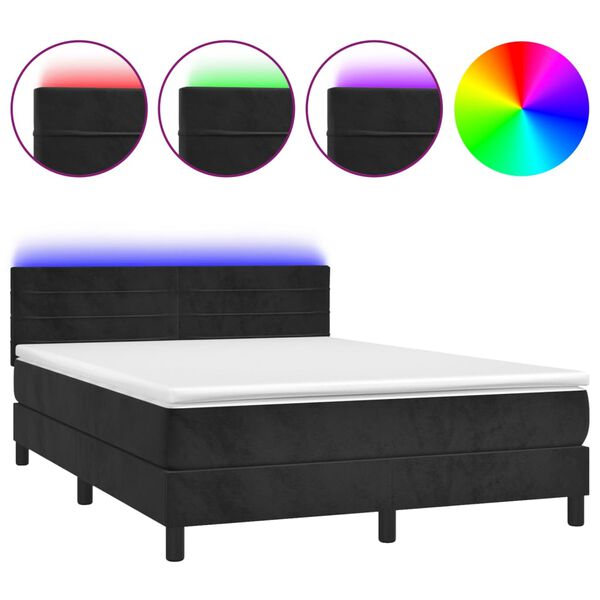 vidaXL Cama box spring colch&oacute;n y LED terciopelo negro 140x190 cm