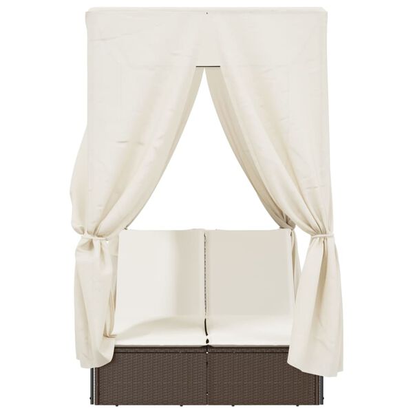 vidaXL Tumbona doble con techo y cortinas rat&aacute;n sint&eacute;tico marr&oacute;n
