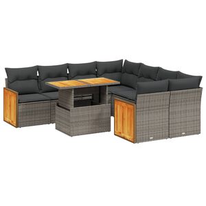 vidaXL Set de muebles de jard&iacute;n 9 pzas y cojines rat&aacute;n sint&eacute;tico gris