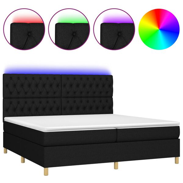 vidaXL Cama box spring colch&oacute;n y luces LED tela negro 200x200 cm