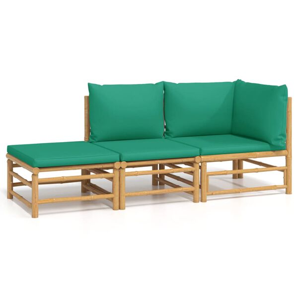 vidaXL Set de muebles de jardín 3 piezas bambú con cojines verde