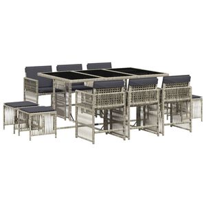 vidaXL Set de comedor de jard&iacute;n 11 pzas y cojines rat&aacute;n sint&eacute;tico gris
