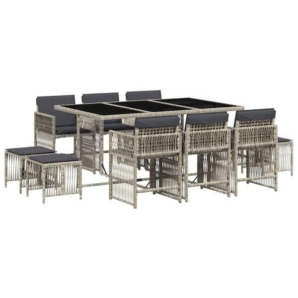 vidaXL Set de comedor de jard&iacute;n 11 pzas y cojines rat&aacute;n sint&eacute;tico gris