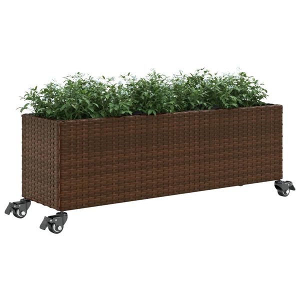 vidaXL Jardineras con ruedas 2 uds rat&aacute;n sint&eacute;tico marr&oacute;n 107x32x38 cm