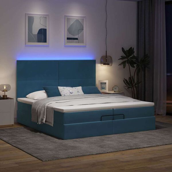 vidaXL Cama otomana con colchones y luces LED azul oscuro 200x200 cm
