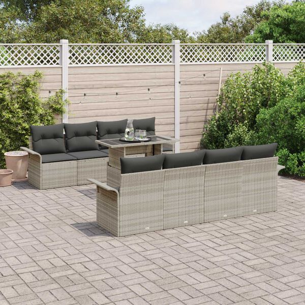 vidaXL Conjunto de sof&aacute; de jard&iacute;n 9 pcs Gris Claro rat&aacute;n sint&eacute;tico