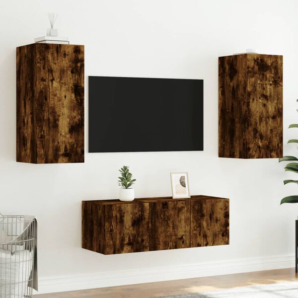 vidaXL Muebles TV pared con LED 4 pzas madera ingenier&iacute;a roble ahumado