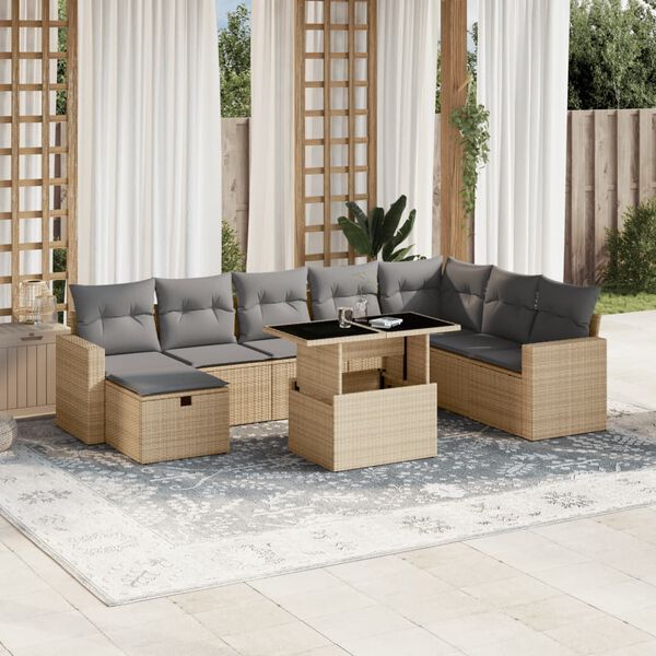 vidaXL Set de sof&aacute;s de jard&iacute;n 9 pzas con cojines rat&aacute;n sint&eacute;tico beige