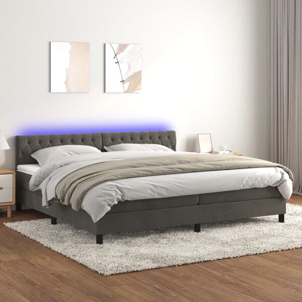 vidaXL Cama box spring colch&oacute;n y LED terciopelo gris oscuro 200x200 cm
