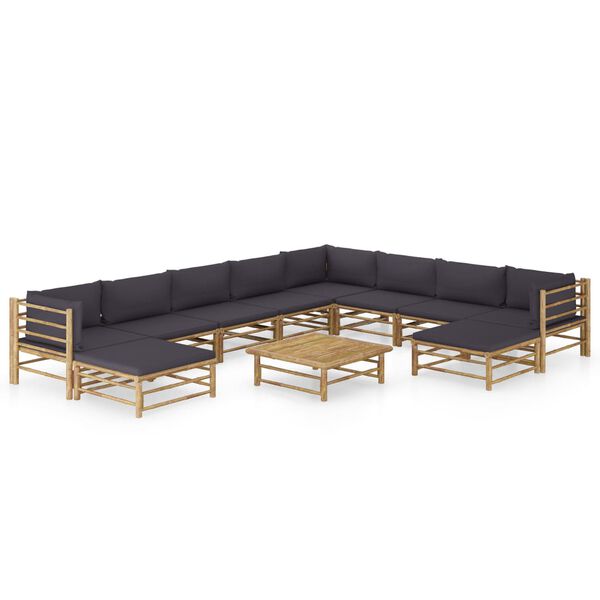 vidaXL Set de muebles de jardín 11 pzas bambú con cojines gris oscuro