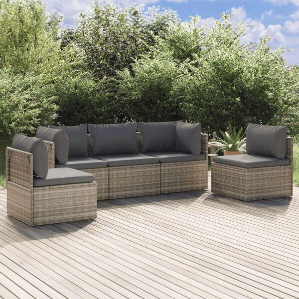 vidaXL Set de muebles de jard&iacute;n 5 pzas y cojines rat&aacute;n sint&eacute;tico gris