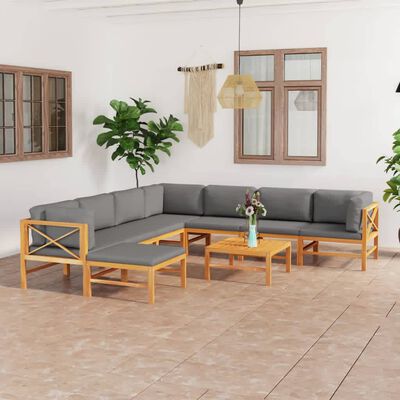 vidaXL Set de muebles de jardín 9 pzas madera de teca y cojines gris